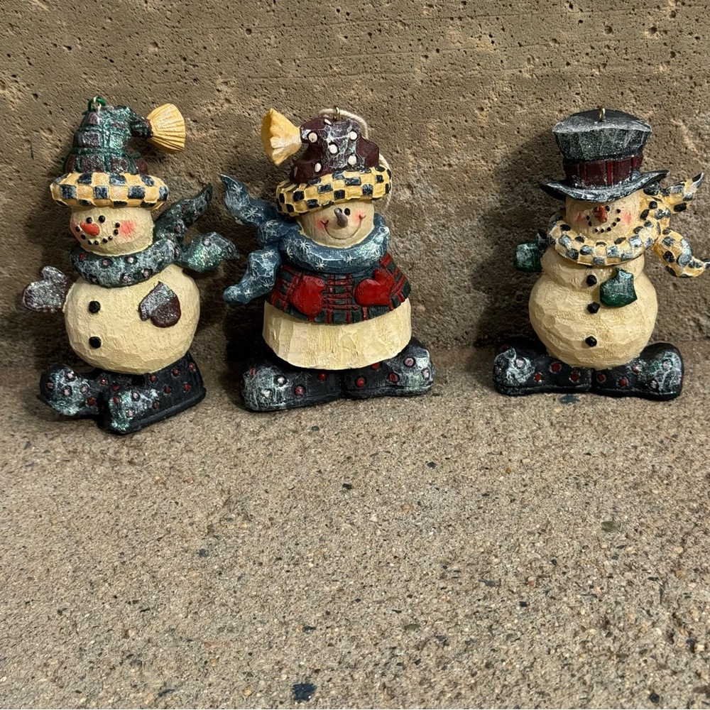 VTG Longs Snowmen Ornaments Set of 3 Glittery Christmas Decor‎